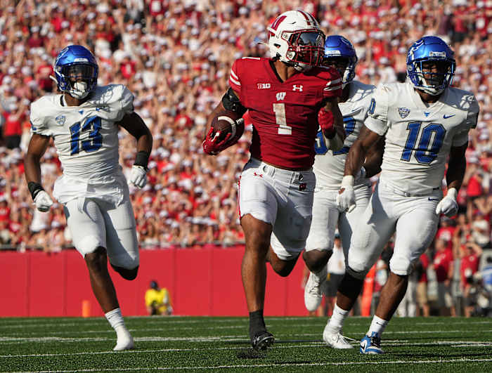 Sep 2, 2023; Madison, WI, USA; Wisconsin Badgers running back Chez Mellusi (1) runs 89 yards for a touchdown against the Buffalo Bulls during the the third quarter at Camp Randall Stadium. Mandatory Credit: Mark Hoffman-USA TODAY Sports